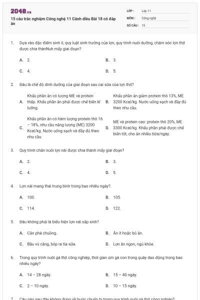 15 câu trắc nghiệm Công nghệ 11 Cánh diều Bài 18 có đáp án
