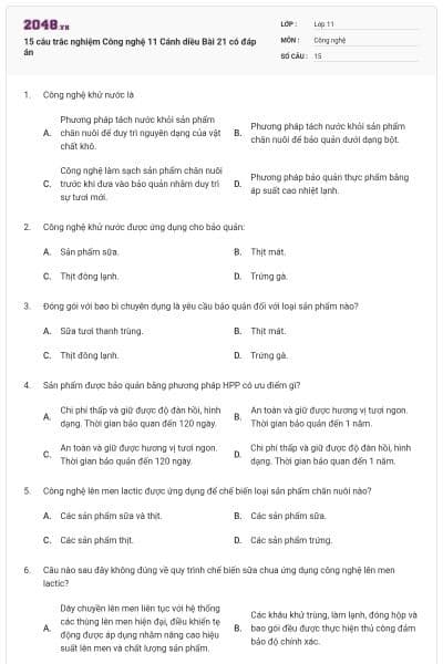 15 câu trắc nghiệm Công nghệ 11 Cánh diều Bài 21 có đáp án