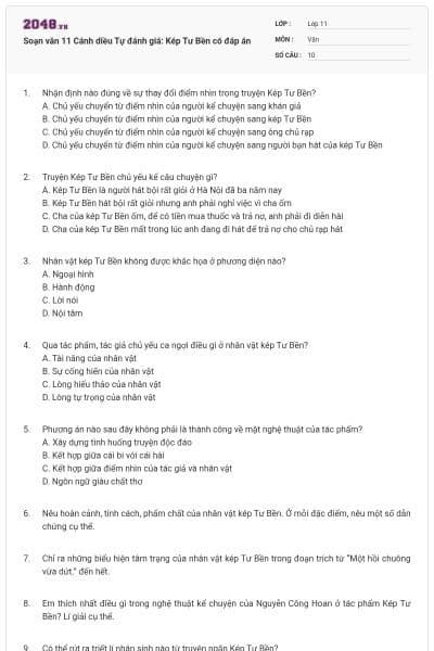 Soạn văn 11 Cánh diều Tự đánh giá: Kép Tư Bền có đáp án