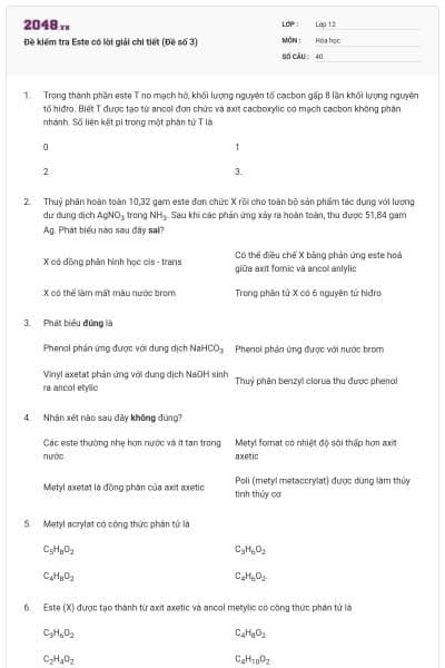 Đề kiểm tra Este có lời giải chi tiết (Đề số 3)
