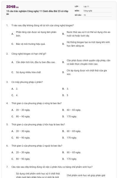 15 câu trắc nghiệm Công nghệ 11 Cánh diều Bài 23 có đáp án