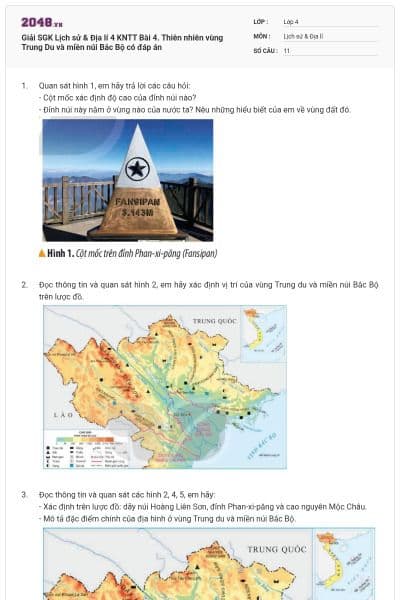 Giải SGK Lịch sử & Địa lí 4 KNTT Bài 4. Thiên nhiên vùng Trung Du và miền núi Bắc Bộ có đáp án