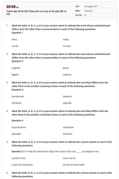 Tuyển tập đề thi thử Tiếng Anh cực hay có lời giải (Đề số 24)