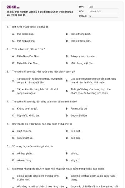 15 câu trắc nghiệm Lịch sử & Địa lí lớp 5 Chân trời sáng tạo Bài 16 có đáp án