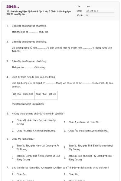 16 câu trắc nghiệm Lịch sử & Địa lí lớp 5 Chân trời sáng tạo Bài 21 có đáp án