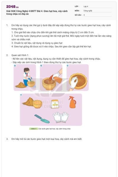 Giải SGK Công Nghệ 4 KNTT Bài 4. Gieo hạt hoa, cây cảnh trong chậu có đáp án