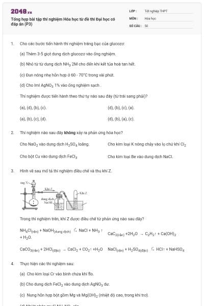 Tổng hợp bài tập thí nghiệm Hóa học từ đề thi Đại học có đáp án (P3)