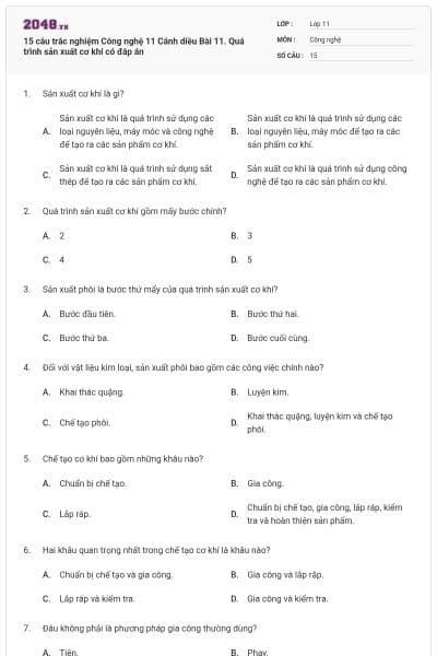 15 câu trắc nghiệm Công nghệ 11 Cánh diều Bài 11. Quá trình sản xuất cơ khí có đáp án