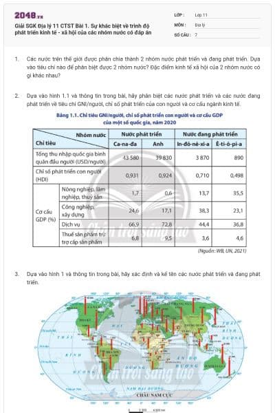 Giải SGK Địa lý 11 CTST Bài 1. Sự khác biệt về trình độ phát triển kinh tế - xã hội của các nhóm nước có đáp án