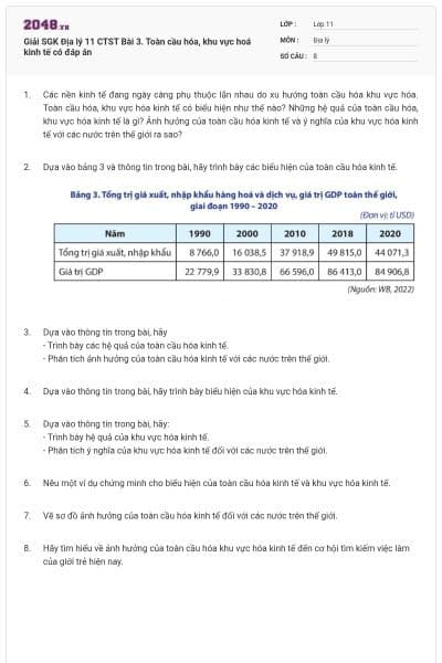 Giải SGK Địa lý 11 CTST Bài 3. Toàn cầu hóa, khu vực hoá kinh tế có đáp án