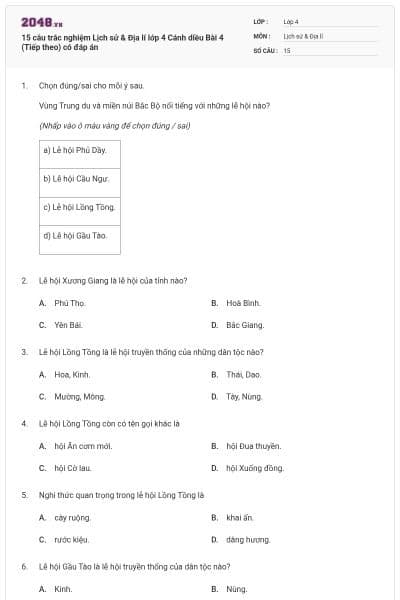 15 câu trắc nghiệm Lịch sử & Địa lí lớp 4 Cánh diều Bài 4 (Tiếp theo) có đáp án