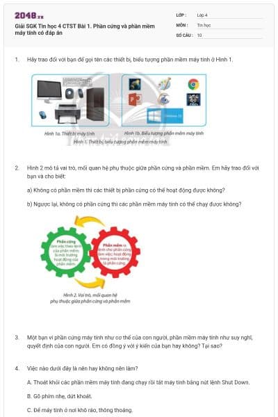 Giải SGK Tin học 4 CTST Bài 1. Phần cứng và phần mềm máy tính có đáp án
