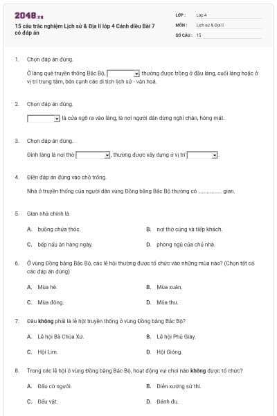 15 câu trắc nghiệm Lịch sử & Địa lí lớp 4 Cánh diều Bài 7 có đáp án