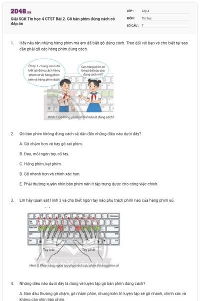 Giải SGK Tin học 4 CTST Bài 2. Gõ bàn phím đúng cách có đáp án