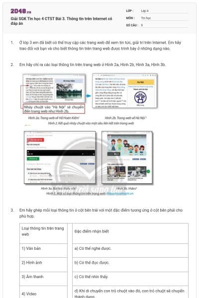 Giải SGK Tin học 4 CTST Bài 3. Thông tin trên Internet có đáp án