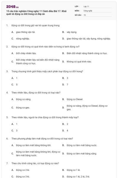 15 câu trắc nghiệm Công nghệ 11 Cánh diều Bài 17. Khái quát về động cơ đốt trong có đáp án