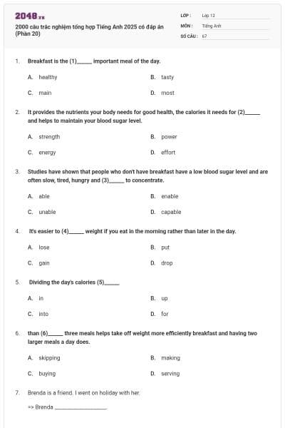 2000 câu trắc nghiệm tổng hợp Tiếng Anh 2025 có đáp án (Phần 20)