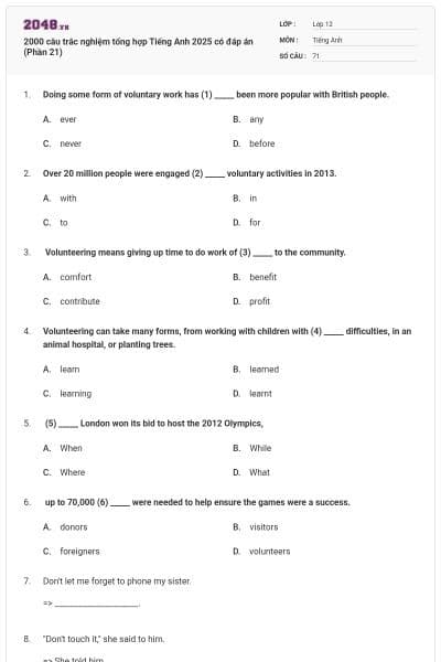 2000 câu trắc nghiệm tổng hợp Tiếng Anh 2025 có đáp án (Phần 21)