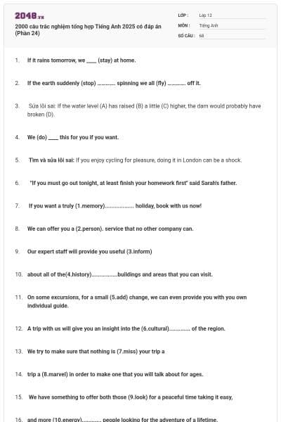 2000 câu trắc nghiệm tổng hợp Tiếng Anh 2025 có đáp án (Phần 24)