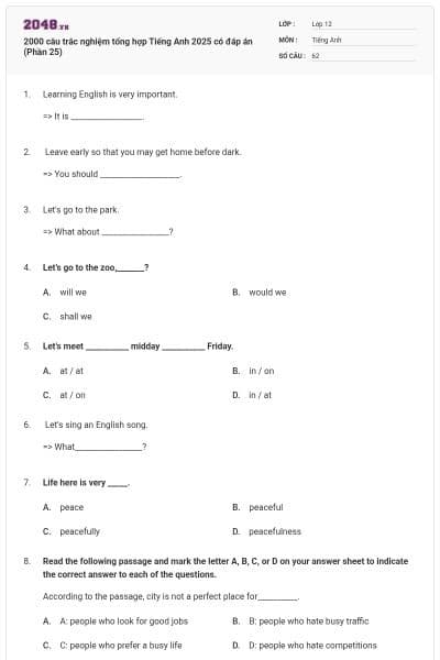 2000 câu trắc nghiệm tổng hợp Tiếng Anh 2025 có đáp án (Phần 25)
