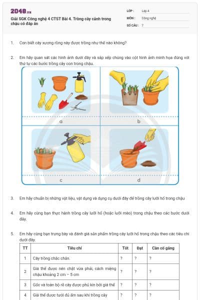 Giải SGK Công nghệ 4 CTST Bài 4. Trồng cây cảnh trong chậu có đáp án