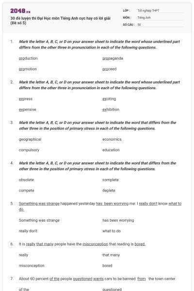 30 đề luyện thi Đại Học môn Tiếng Anh cực hay có lời giải (Đề số 5)