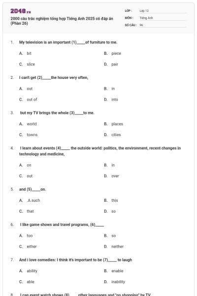2000 câu trắc nghiệm tổng hợp Tiếng Anh 2025 có đáp án (Phần 26)