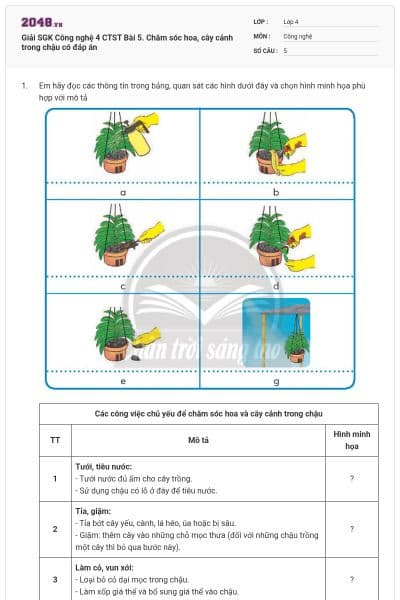 Giải SGK Công nghệ 4 CTST Bài 5. Chăm sóc hoa, cây cảnh trong chậu có đáp án