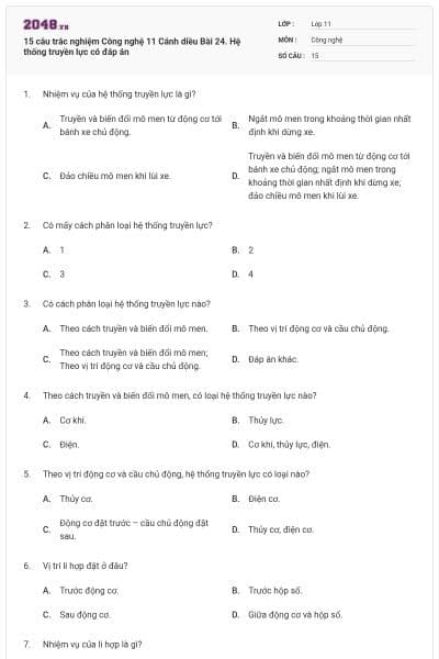 15 câu trắc nghiệm Công nghệ 11 Cánh diều Bài 24. Hệ thống truyền lực có đáp án