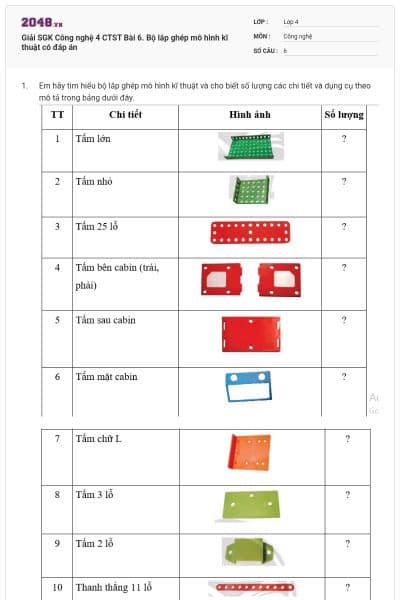Giải SGK Công nghệ 4 CTST Bài 6. Bộ lắp ghép mô hình kĩ thuật có đáp án