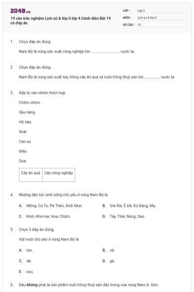 19 câu trắc nghiệm Lịch sử & Địa lí lớp 4 Cánh diều Bài 19 có đáp án