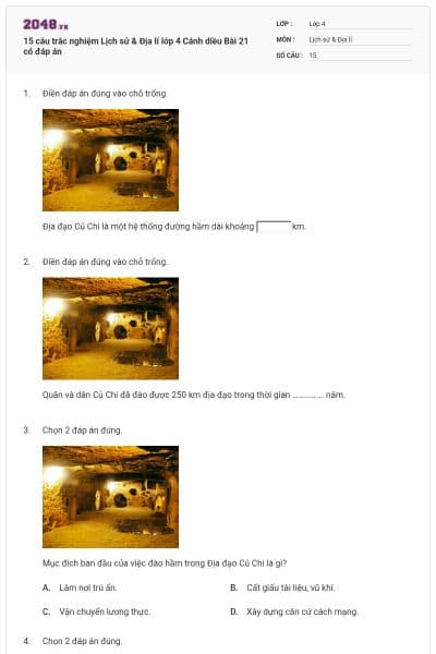 15 câu trắc nghiệm Lịch sử & Địa lí lớp 4 Cánh diều Bài 21 có đáp án