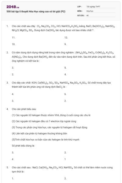 500 bài tập lí thuyết Hóa Học nâng cao có lời giải (P2)