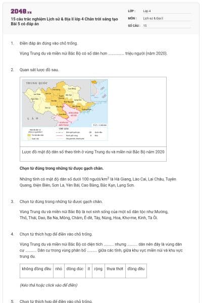 15 câu trắc nghiệm Lịch sử & Địa lí lớp 4 Chân trời sáng tạo Bài 5 có đáp án