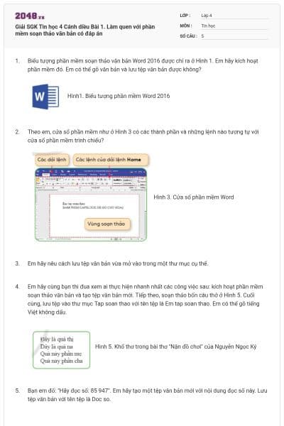 Giải SGK Tin học 4 Cánh diều Bài 1. Làm quen với phần mềm soạn thảo văn bản có đáp án