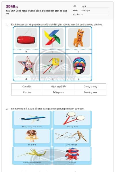 Giải SGK Công nghệ 4 CTST Bài 8. Đồ chơi dân gian có đáp án