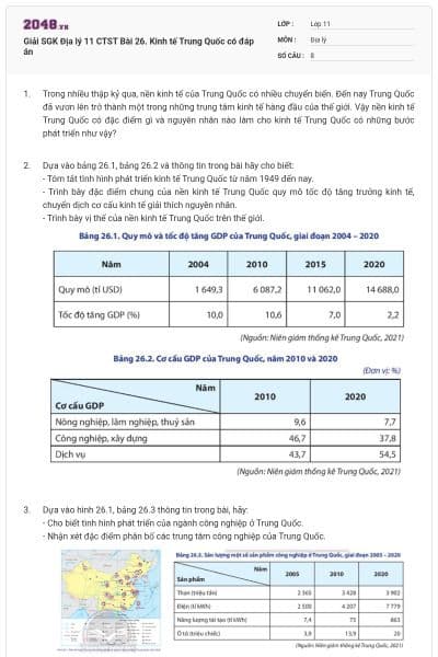 Giải SGK Địa lý 11 CTST Bài 26. Kinh tế Trung Quốc có đáp án