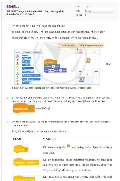 Giải SGK Tin học 4 Cánh diều Bài 2. Tạo chương trình Scratch đầu tiên có đáp án