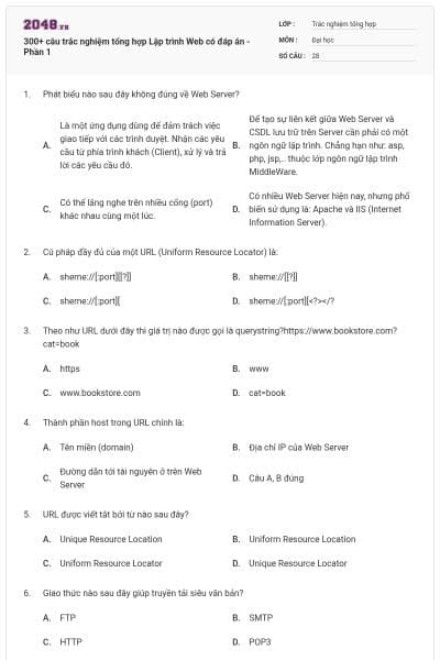 300+ câu trắc nghiệm tổng hợp Lập trình Web có đáp án - Phần 1