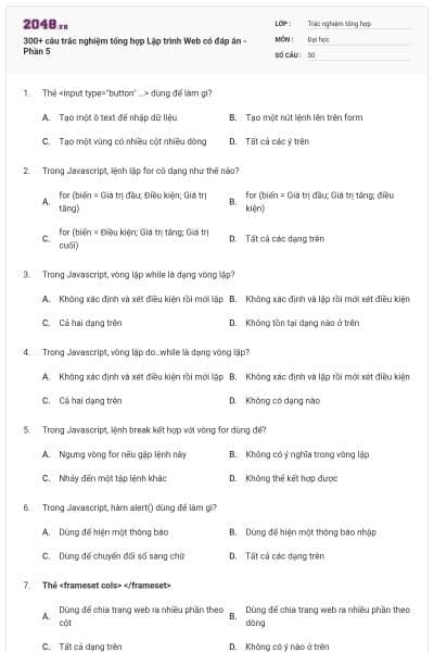 300+ câu trắc nghiệm tổng hợp Lập trình Web có đáp án - Phần 5