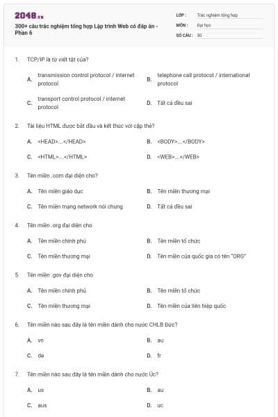 300+ câu trắc nghiệm tổng hợp Lập trình Web có đáp án - Phần 6