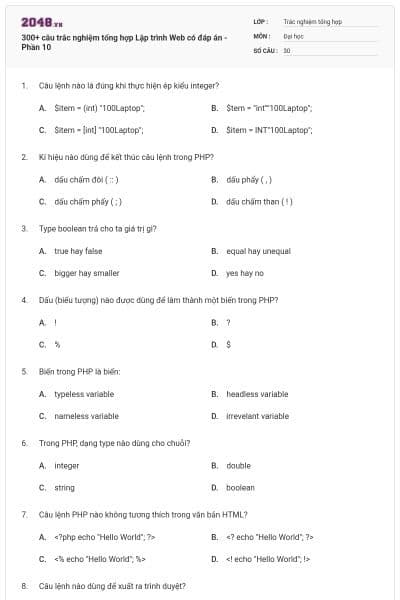 300+ câu trắc nghiệm tổng hợp Lập trình Web có đáp án - Phần 10