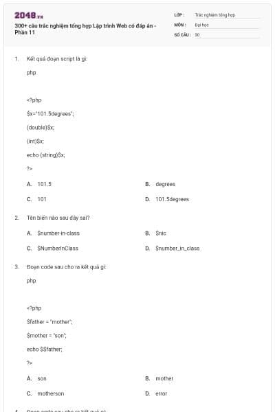 300+ câu trắc nghiệm tổng hợp Lập trình Web có đáp án - Phần 11