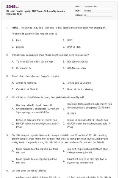 Đề minh hoạ tốt nghiệp THPT môn Sinh có đáp án năm 2025 (Đề 103)