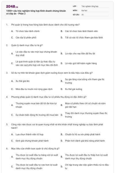 1000+ câu trắc nghiệm tổng hợp Kinh doanh chứng khoán có đáp án - Phần 2