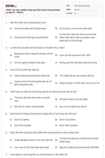1000+ câu trắc nghiệm tổng hợp Kinh doanh chứng khoán có đáp án - Phần 6