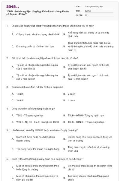 1000+ câu trắc nghiệm tổng hợp Kinh doanh chứng khoán có đáp án - Phần 7