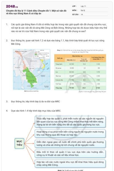 Chuyên đề Địa lý 11 Cánh diều Chuyên đề 1: Một số vấn đề về khu vực Đông Nam Á có đáp án