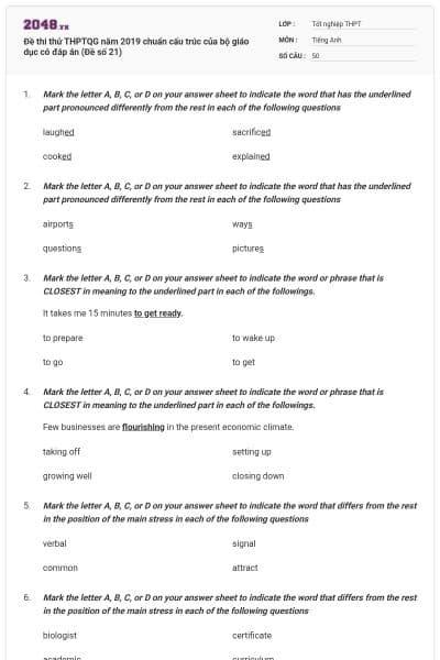 Đề thi thử THPTQG năm 2019 chuẩn cấu trúc của bộ giáo dục có đáp án (Đề số 21)