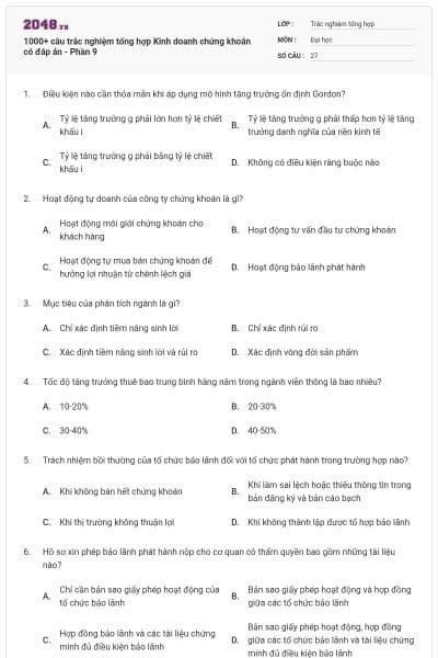 1000+ câu trắc nghiệm tổng hợp Kinh doanh chứng khoán có đáp án - Phần 9